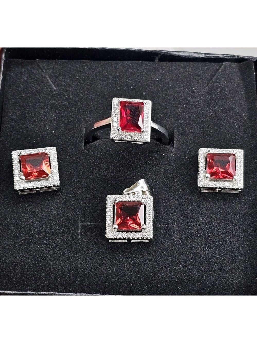 Ring Earrings And Pendant Jewlery Set Red Stone 925 Sterling Silver